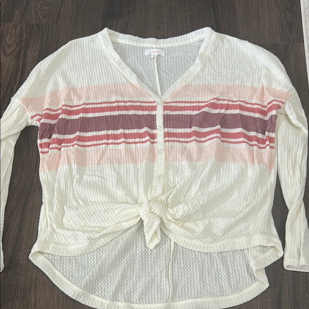 Colsie Cream and Pink Striped Knotted Front Waffle Top